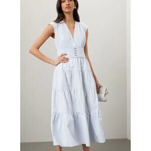 Derek Lam Baby Blue Tiered Ruffle Midi Dress Size 4 Cotton Cottage Designer $385